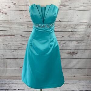 Eden Maids aqua strapless bridesmaid dress short